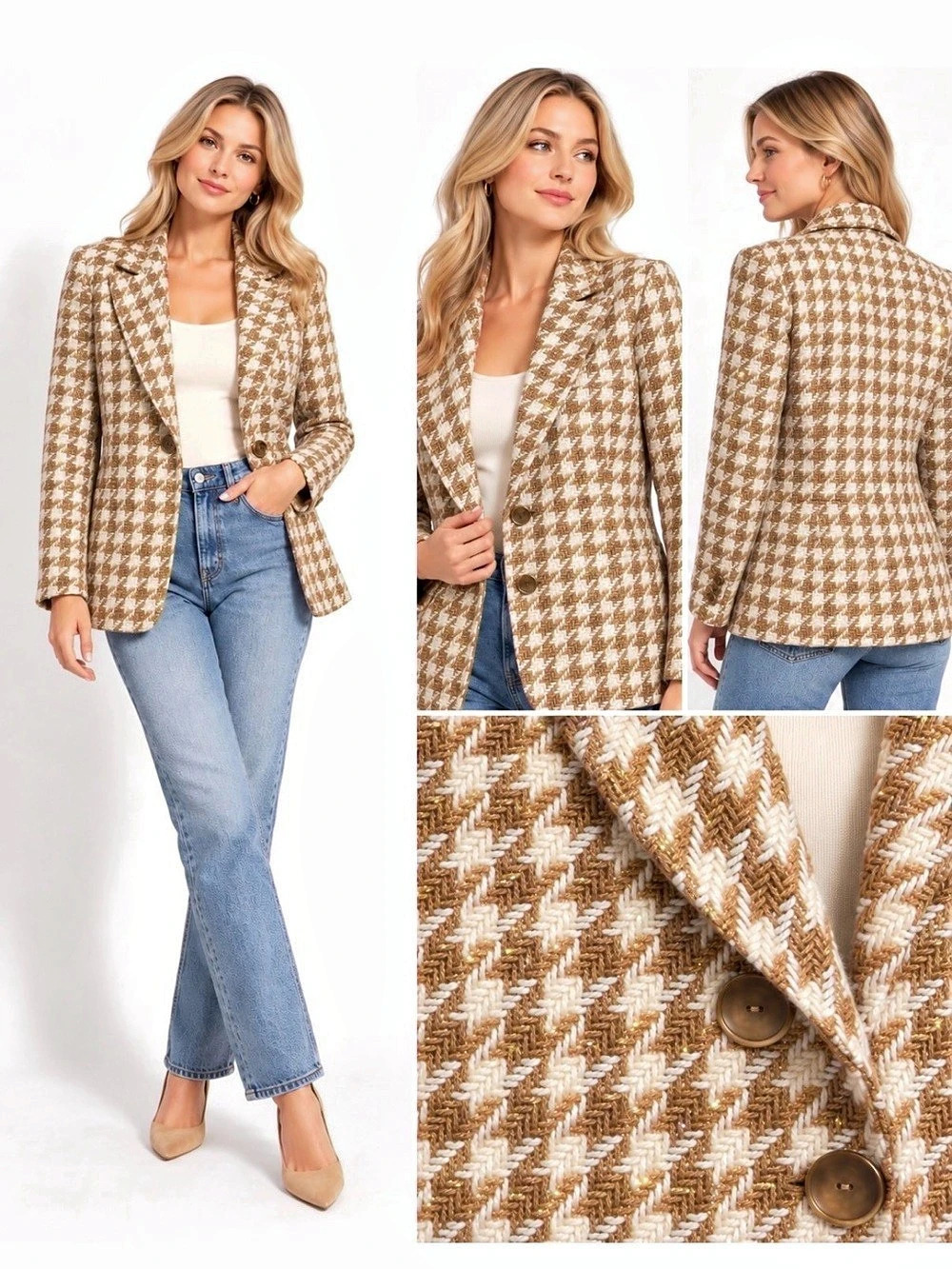 Focus 2000 Cream Tan Houndstooth Wool Blend Blazer Metallic Gold Thread, Size 10